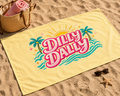 Dilly Dally Beach Towel — Retro Tropical Sun & Palm Design