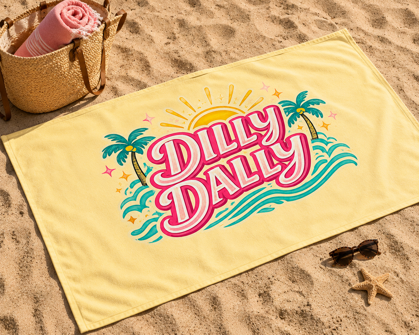 Dilly Dally Beach Towel — Retro Tropical Sun & Palm Design